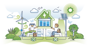 Maison équipée d'un système de stockage relié à une installation solaire et éiolienne.